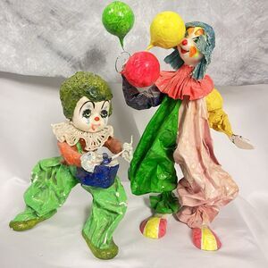 Lot Of 2 Vintage Hand Made Paper Mache Clowns Folk Art Mexico Beautiful EUC